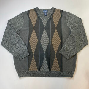 Arnold Palmer Sweater Mens XL Vintage VNeck Gray Brown Argyle Grandpacore Preppy